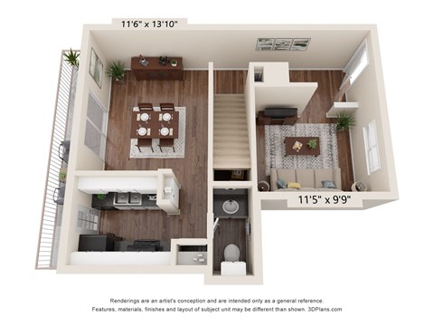 a stylized floor plan of a 1 bedroom floor plan